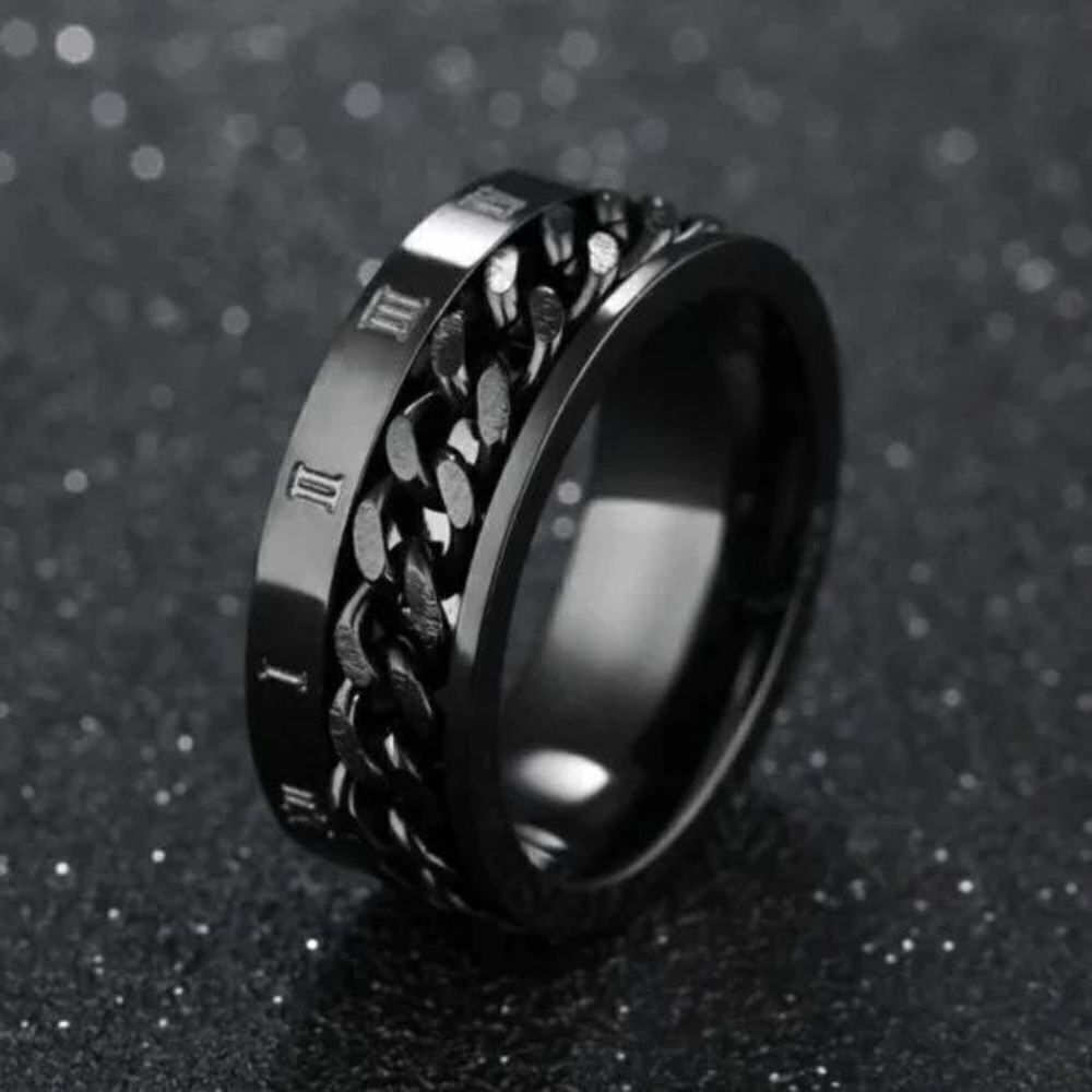 STAINLESS STEEL BLACK BRAIDED ROMAN NUMERAL RING WEDDING BAND RING